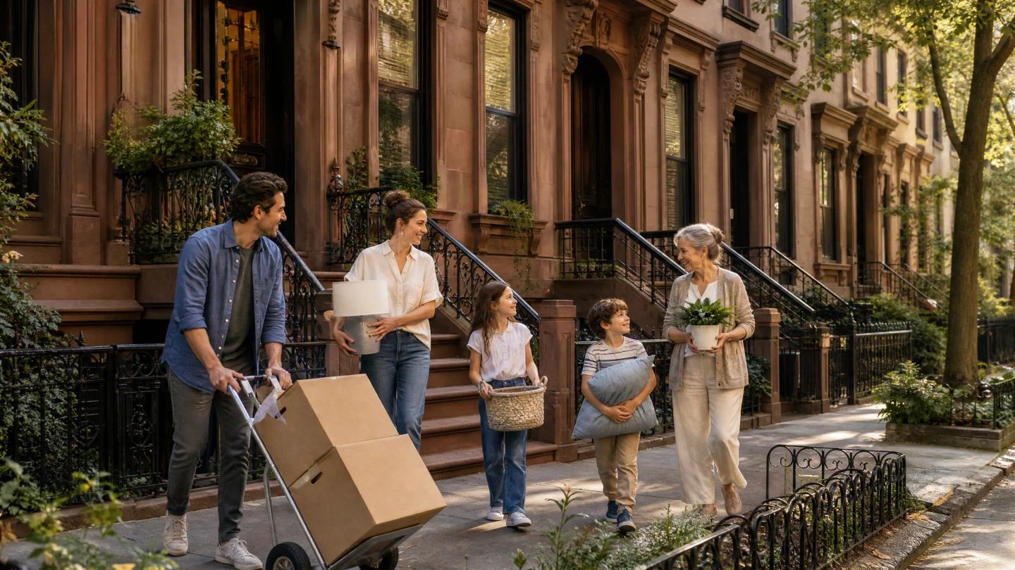A multigenerational family moving belongings outside a brownstone home