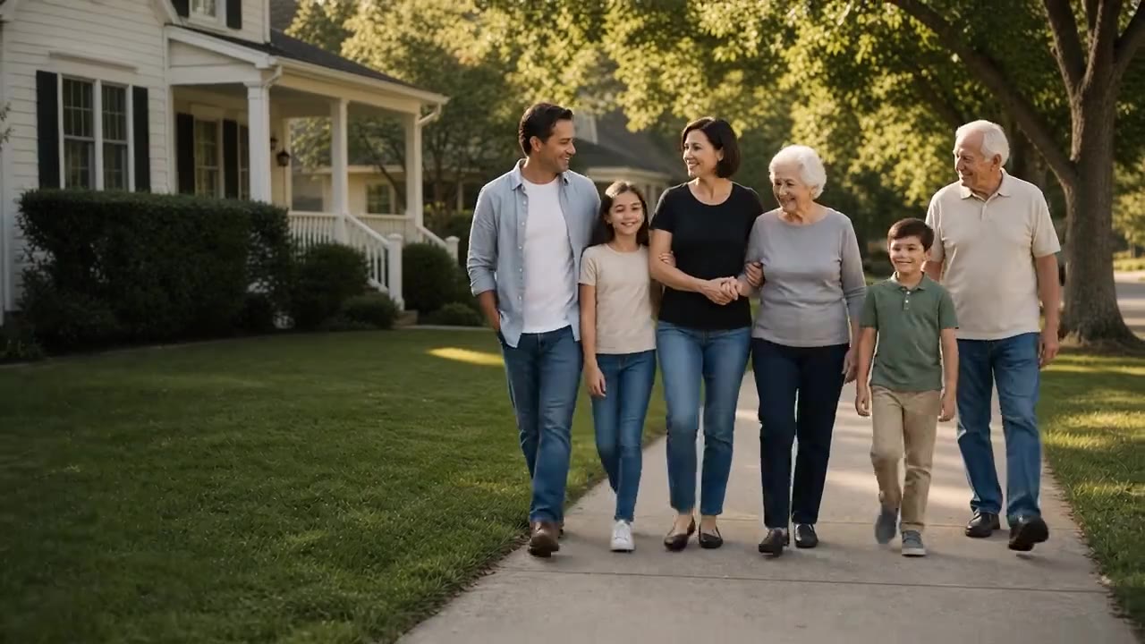 A multigenerational family walking together through a neighborhood