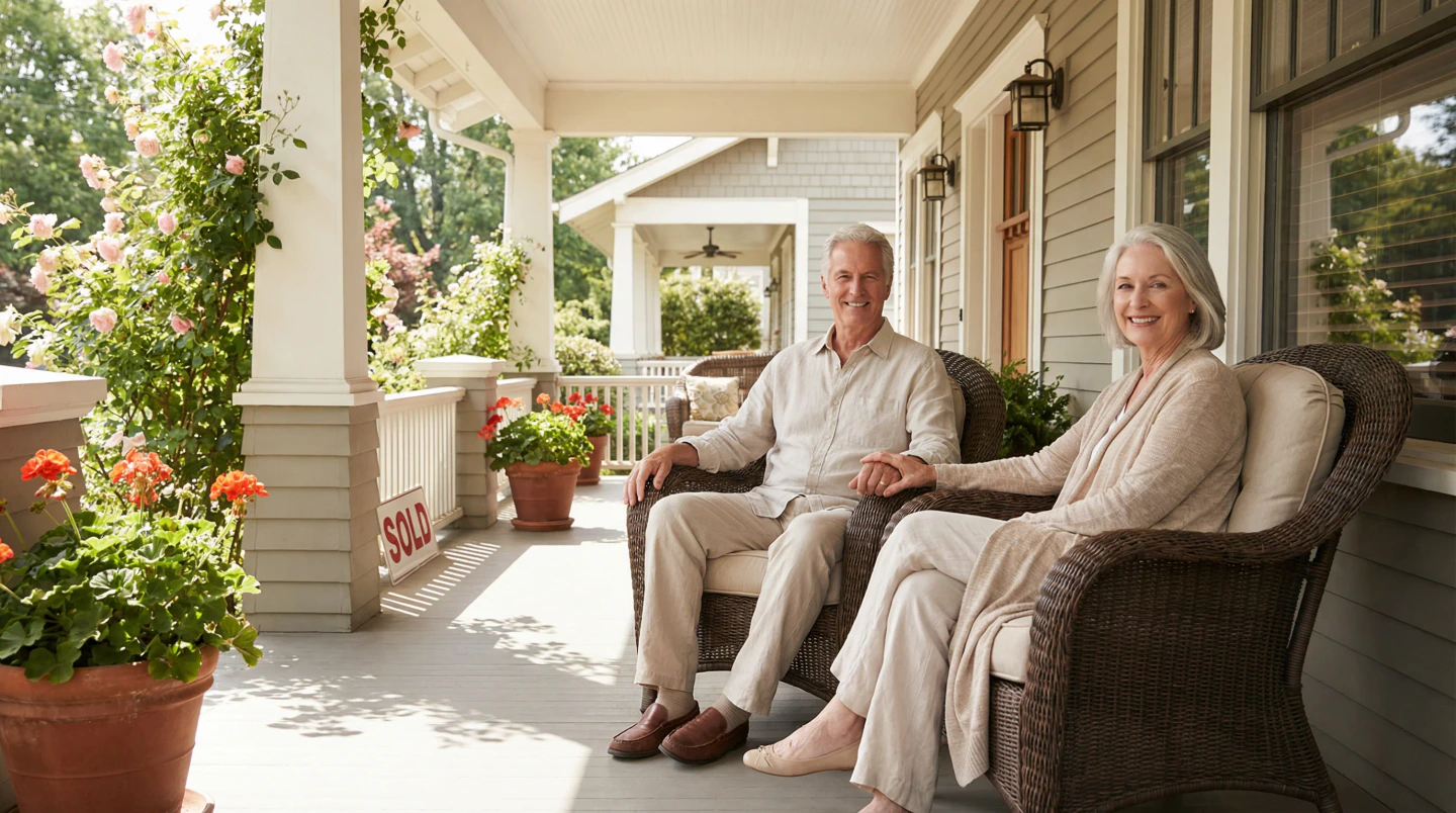 Smiling older couple seated together on the front porch of a home