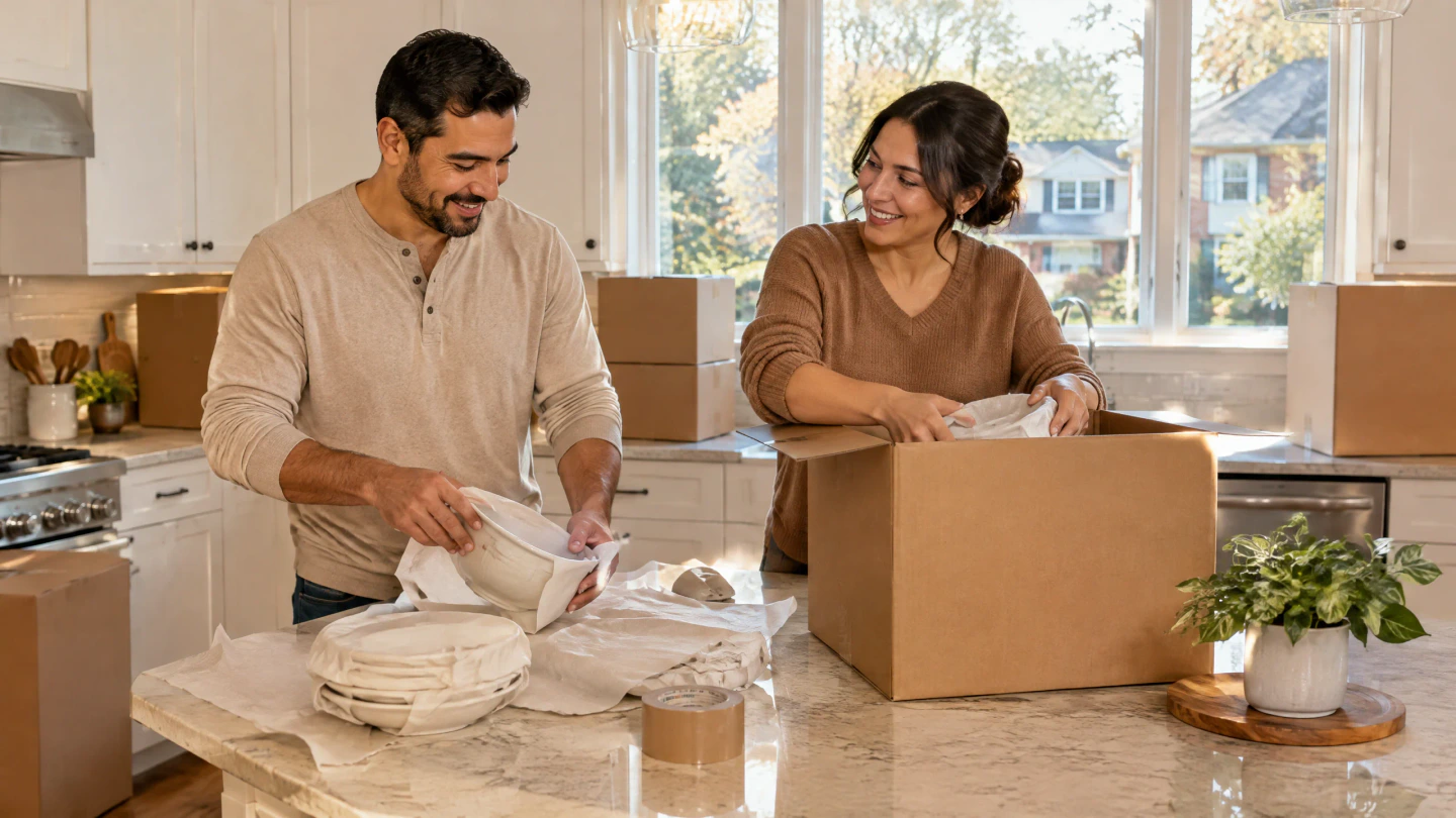 A couple packing dishes together in their kitchen