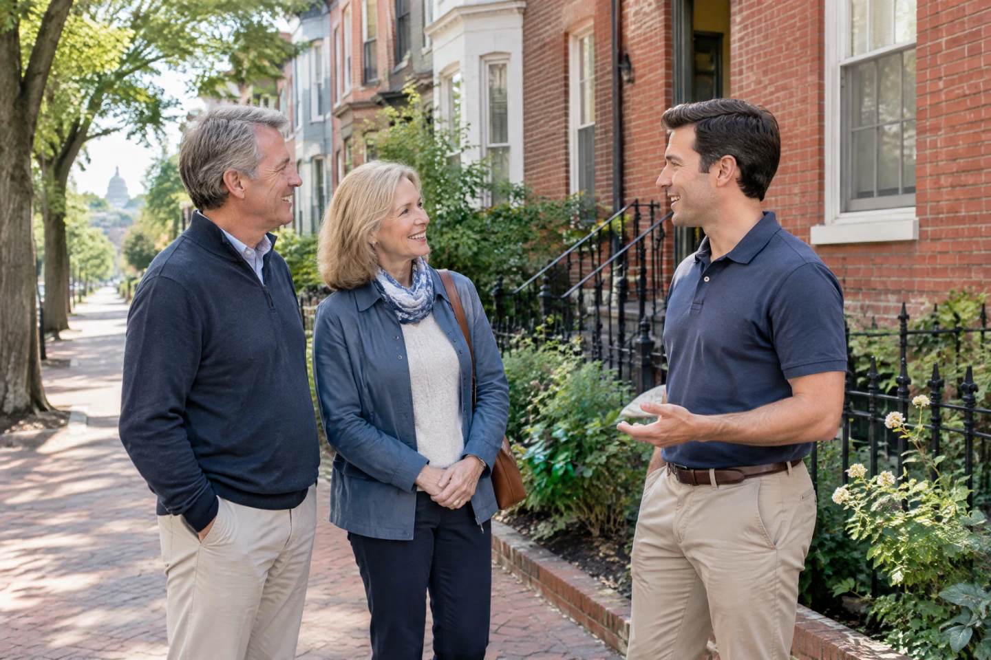 A couple talking with a property professional outside row houses
