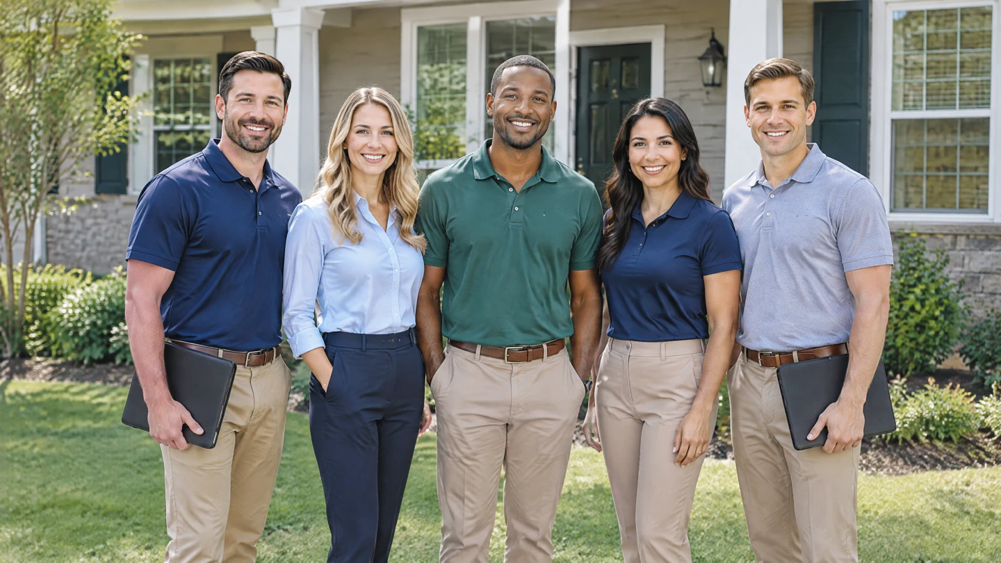 Five real estate professionals standing outside a home