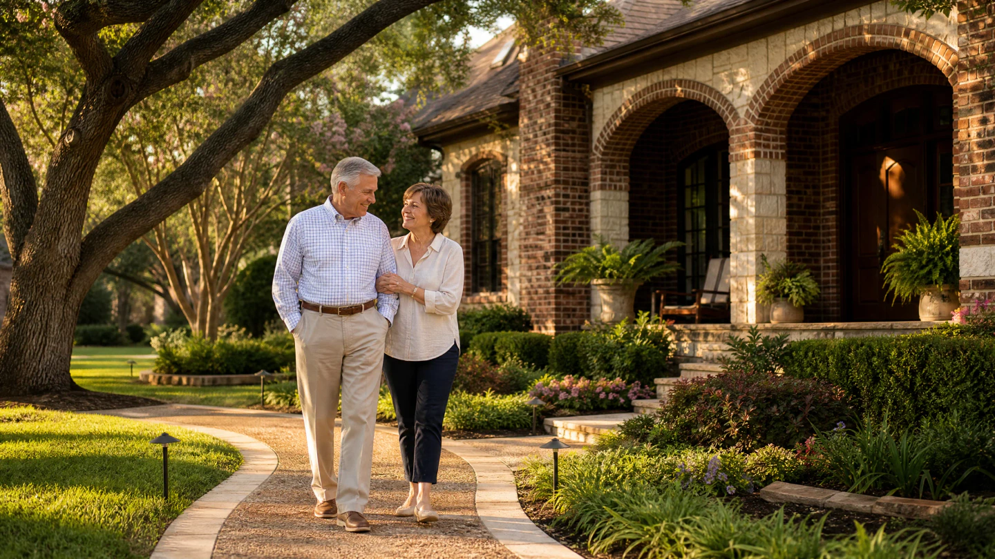 Smiling older couple standing together outside a brick-and-stone home