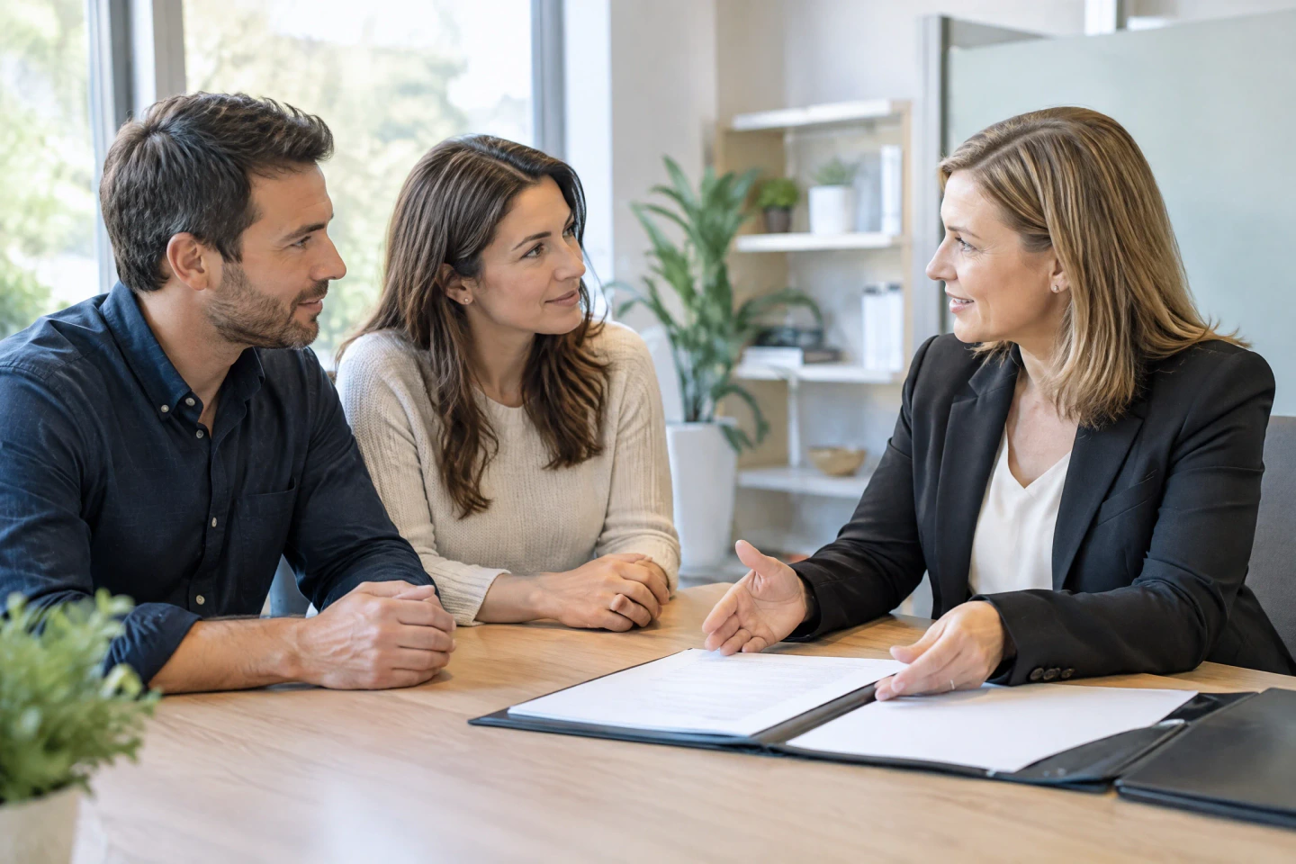 A couple reviewing documents with a title professional